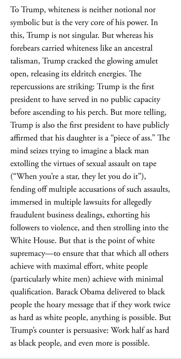 Piggybacking on this, it’s a great time to resurface Ta-Nehisi Coates’ powerful <a href="/TheAtlantic/">The Atlantic</a> piece from 2017 on Trump entitled, “The First White President.” This paragraph from the piece still haunts me.

theatlantic.com/magazine/archi…