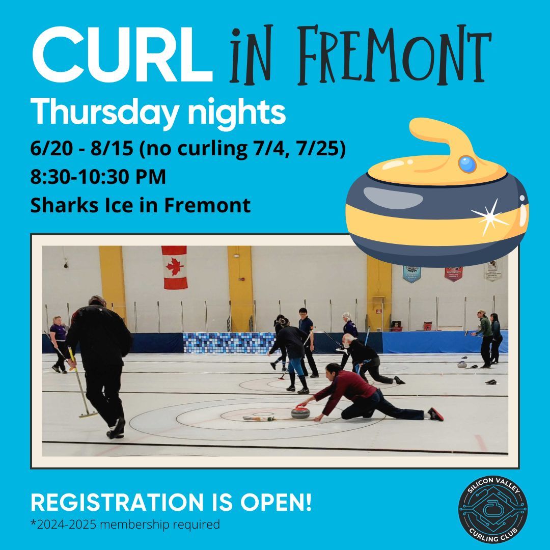 Slide into the weekend with Thursday night curling in Fremont! Join us for weekly games from 6/20 - 8/15 (no curling on 7/4 or 7/25) at Sharks Ice in Fremont. Registration is open now through 6/18. Visit buff.ly/3RizYIV for more info. Note: membership is required