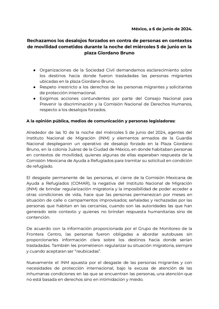 GTPM_MX's tweet photo. 🎫#Boletín| Diversas organizaciones de la Sociedad Civil respaldan la labor de documentación del Grupo de Monitoreo @frontera_centro y se unen para exigir justicia ante los desalojos de la noche del 5 de junio.

📲https://t.co/jxkP888Ubr https://t.co/7ksdZ237xT