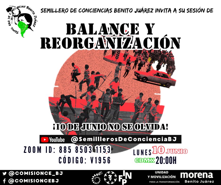ComisionCE_BJ's tweet photo. Las tareas organizativas y formativas no cesan.
Les invitamos a la reunión organizativa de Semilleros de Conciencias para continuar los trabajos hacia el segundo piso de la Transformación.

¡10 DE JUNIO NO SE OLVIDA!
De la movilización a la sesión
20:00hrs vía zoom https://t.co/89avFCQHKn