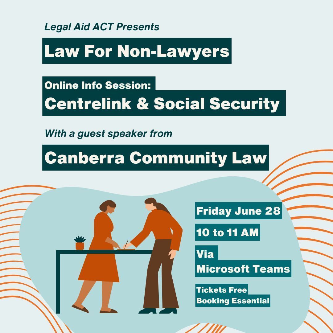 YLCACT's tweet image. Join @LegalAidACT and @cancommunitylaw for Law for Non-Lawyers: Centrelink and Social Security. 
Find out more about your rights when accessing social security.
Day : Friday June 28
Time: 10:00 to 11:00 am
Book Now: buff.ly/3x6WeP6