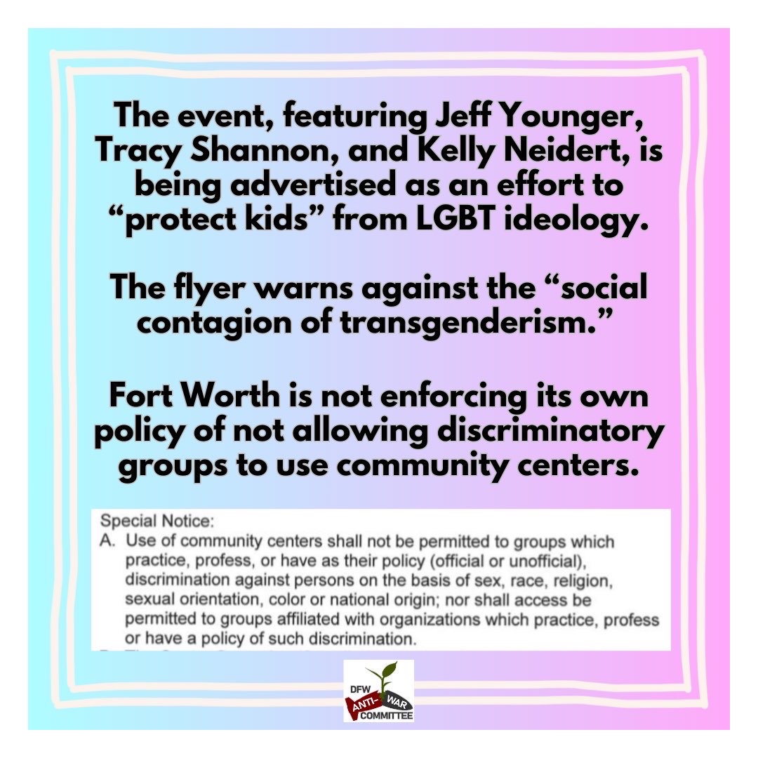 DFWAntiWar's tweet photo. Join us in demanding that Fort Worth follow their own non-discrimination policies and shut down this openly Transphobic program hosted at the Fire Station Community Center! https://t.co/e3j6u3eVke