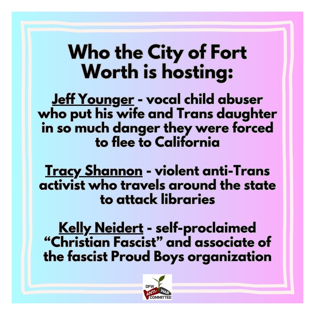 DFWAntiWar's tweet photo. Join us in demanding that Fort Worth follow their own non-discrimination policies and shut down this openly Transphobic program hosted at the Fire Station Community Center! https://t.co/e3j6u3eVke