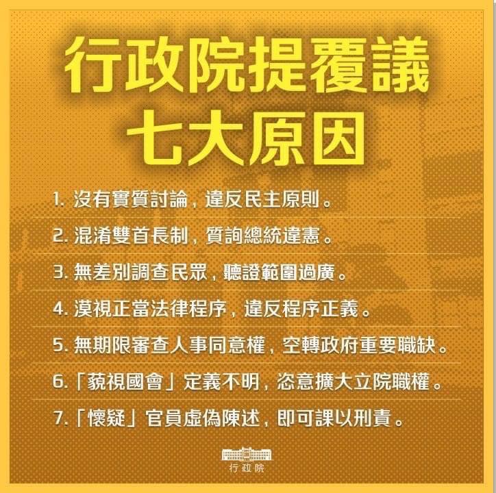 昨天，行政院依憲法，對在野黨主導通過的「國會改革法案」提出七條覆議理由。我認為很有道理。和別的民主國家的法律比起來，這次通過的法案，有很多值得推敲的地方。首先，這麼重要的法案，從提出到通過僅僅用了兩個多月。途中經過了多次修改，但直到五月中旬為止，連記者們都找不到在審議的法案全文。