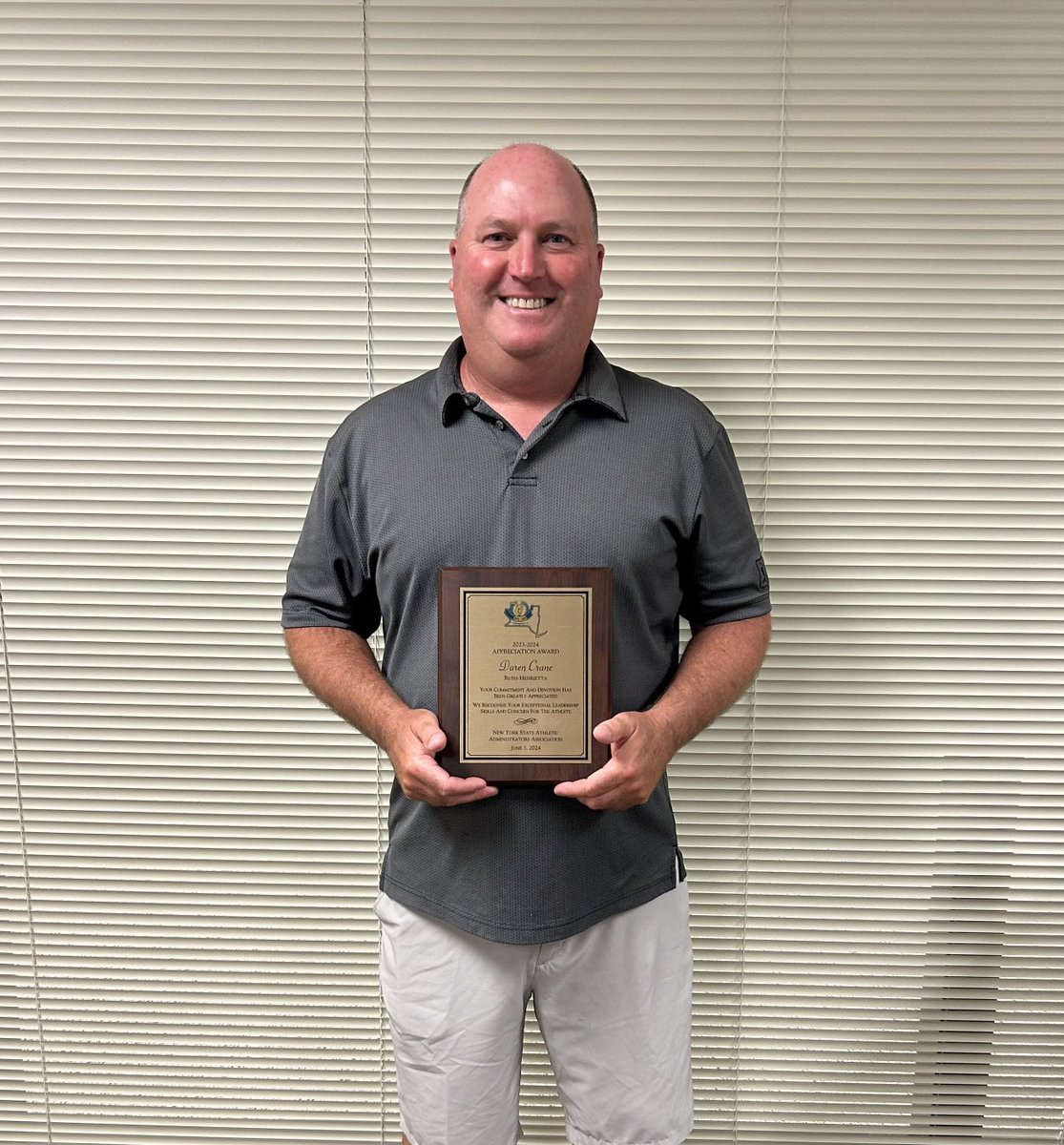 Congrats to our one and only, Daren Crane, on his well-deserved award from the ADs of ⁦<a href="/SecVAthletics/">Section V Athletics</a>⁩ ⁦<a href="/MCPSAC/">MCPSAC</a>⁩ ⁦⁦<a href="/NYSPHSAA/">NYSPHSAA</a>⁩ ⁦<a href="/RHSportsBooster/">R-H Sports Booster</a>⁩