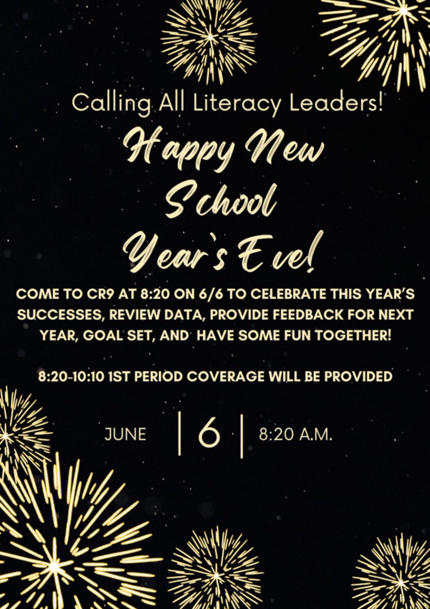 Liz7780's tweet photo. 🎆 Happy New School Year’s Eve from Rickards Literacy Department 🎆 @Rickards_JEG @JRickardsMiddle @lisasmithlopez7 @RolleRosheika @DrFlem71 https://t.co/HI10UvuIrM