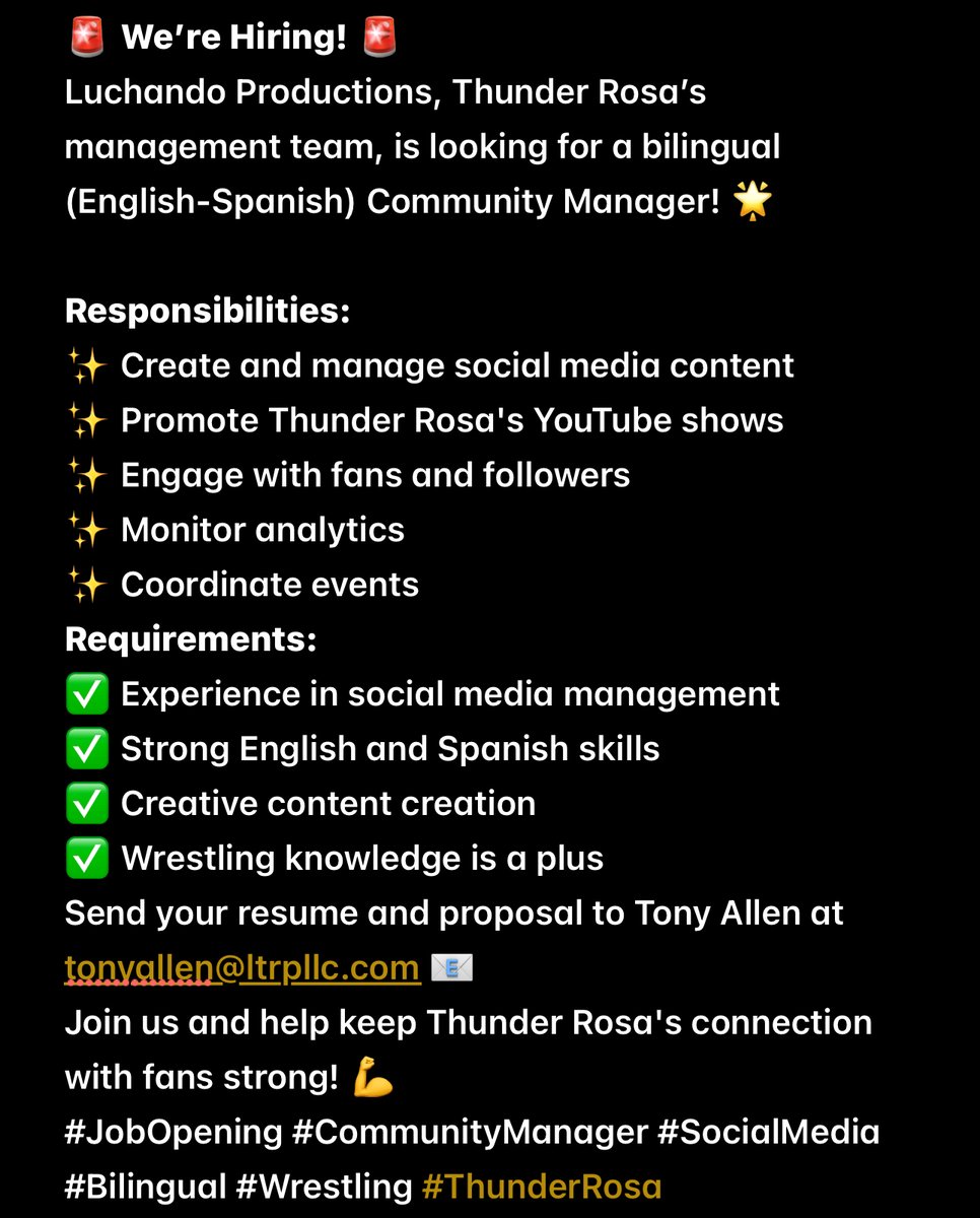 thunderrosa22's tweet photo. 🚨 We’re Hiring! 🚨 
Luchando Productions, Thunder Rosa's management team, seeks a bilingual (English-Spanish) Community Manager! 
📧 Send resume + proposal to @TonyStAllen  at tonyallen@ltrpllc.com. 
Join us and help keep Thunder Rosa's connection with fans strong! 💪 https://t.co/NuojSElkrD