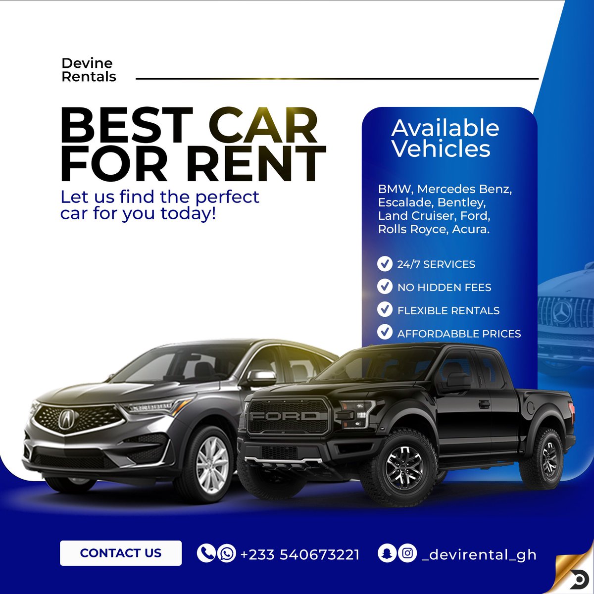 Devine rental best car rentals in town flyer design from us
Open for works
#keretasewakajang #miami #carrent #vanrental #rentalmobil #keretasewastudent #sewamobil #vacation #cuticutimalaysia #carrentalkualalumpur #toyota #rentalcars #holiday #alza #luxurycar #bmw #roadtrip
