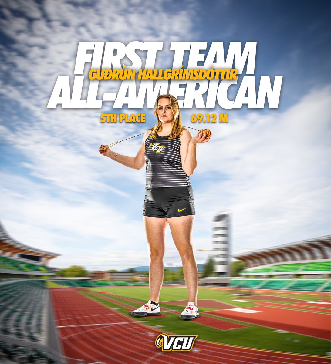 VCUTracknXC's tweet photo. FIRST TEAM ALL-AMERICAN. 🐏

Gudrun finishes in 5th place in the hammer throw with a throw of 69.12m at the NCAA Championships.

#LetsGoVCU https://t.co/7ImcGLp2eA