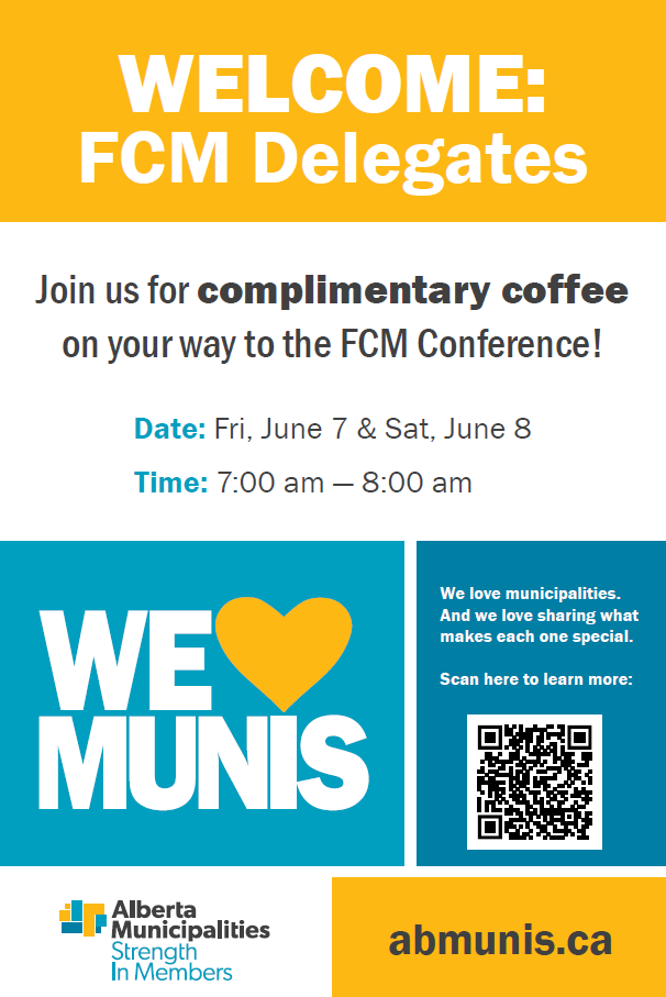 The coffee is on us tomorrow and Saturday from 7 to 8 a.m!

Swing by the Hyatt, Fairmont, or Delta, show your attendee badge, &amp; enjoy a free WE ♥ MUNIS coffee. We can't think of a better way to kick off your day!

#ABmunis #FCM2024AC #weheartmunis #welovemunis
<a href="/FCM_online/">Federation of Canadian Municipalities</a>