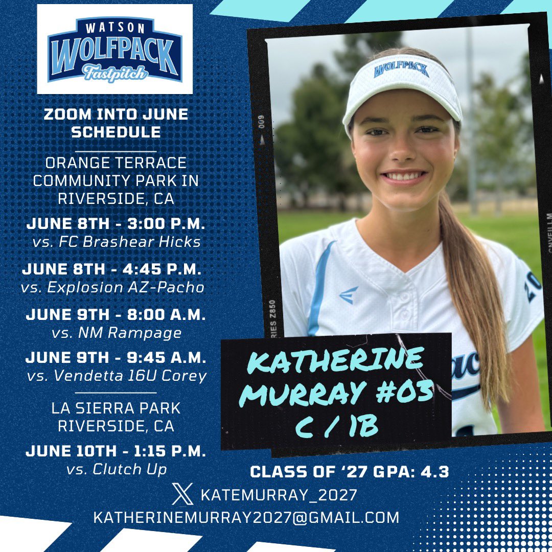 katemurray_2027's tweet photo. Coaches!!!  Here is my schedule for the Zoom Into June Showcase weekend. Can’t wait to get it started! Hope to see you all out there! Go Pack!! #Zoomintojune @Wolfpack_Watson @TOP_D1RECRUITS @TCSFastpitch @jen_schro @DirectRecruits https://t.co/2KUwvnAdU3