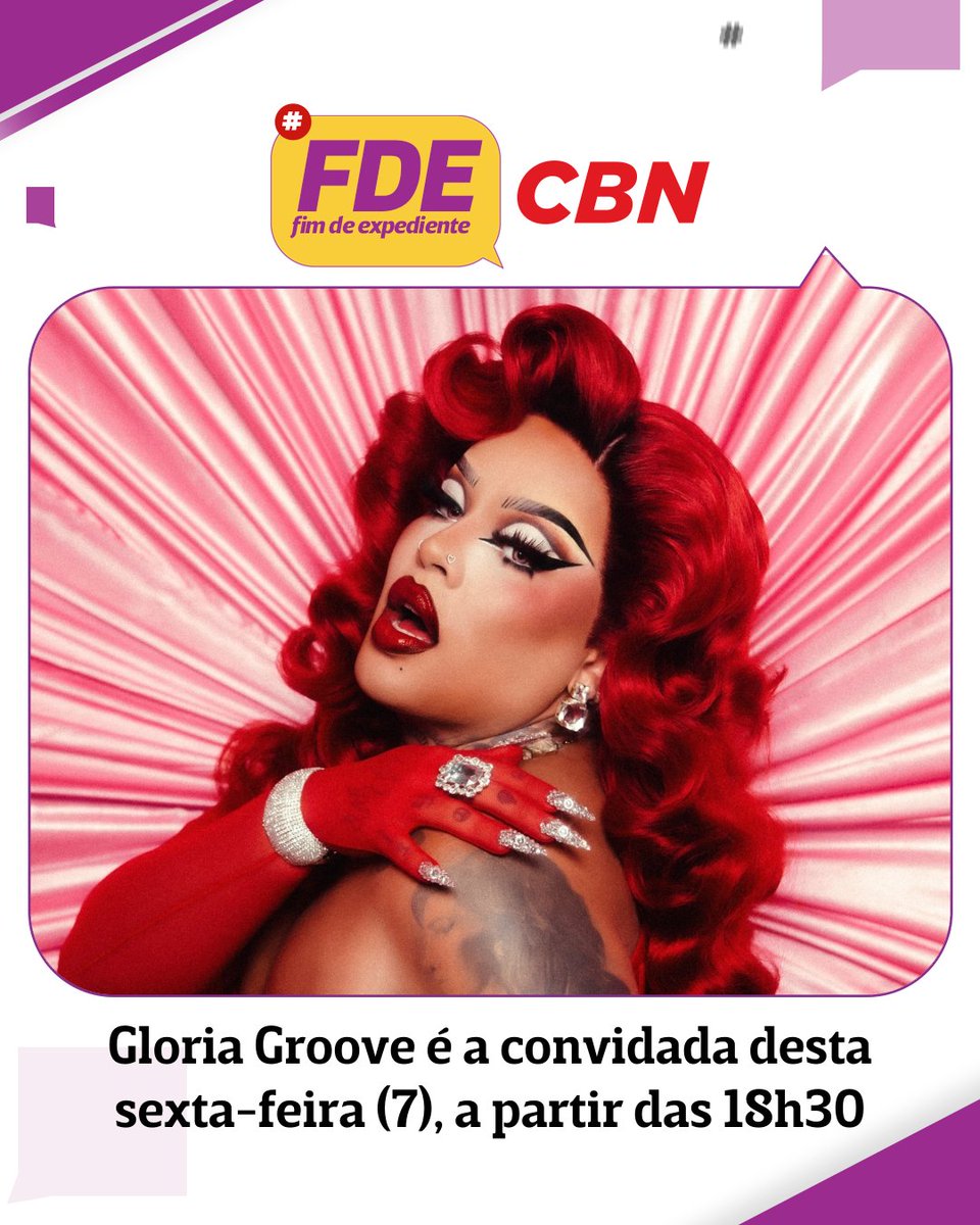 A cantora <a href="/gloriagroove/">Gloria Groove</a> é a convidada do <a href="/fdecbn/">Fim de expediente</a> desta sexta-feira (7)! Entre os assuntos, ela conversa com <a href="/danstulbach/">Dan Stulbach</a>, <a href="/tecomedina/">Teco</a> e José Godoy (<a href="/Artedeandar/">José Godoy</a>) sobre o novo álbum dela, "Serenata da GG". Acompanhe, às 18h30, pelo site, app ou Youtube da CBN. #NoArNaCBN