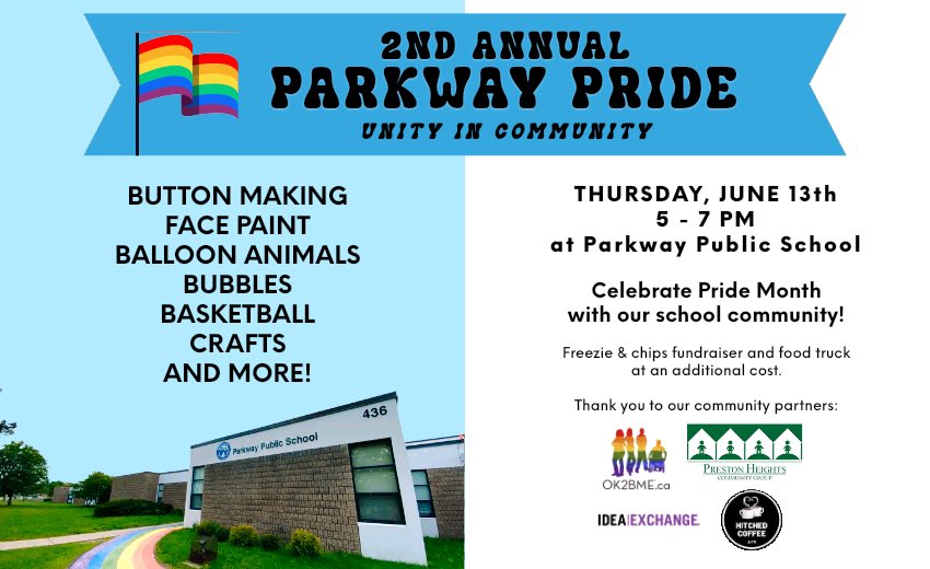 We look forward to seeing everyone next week for our 2nd Annual Parkway Pride 🌈 “Unity in Community” ⁦<a href="/pkwwrdsb/">Parkway P.S.</a>⁩ ⁦<a href="/wrdsb/">Waterloo Region DSB</a>⁩