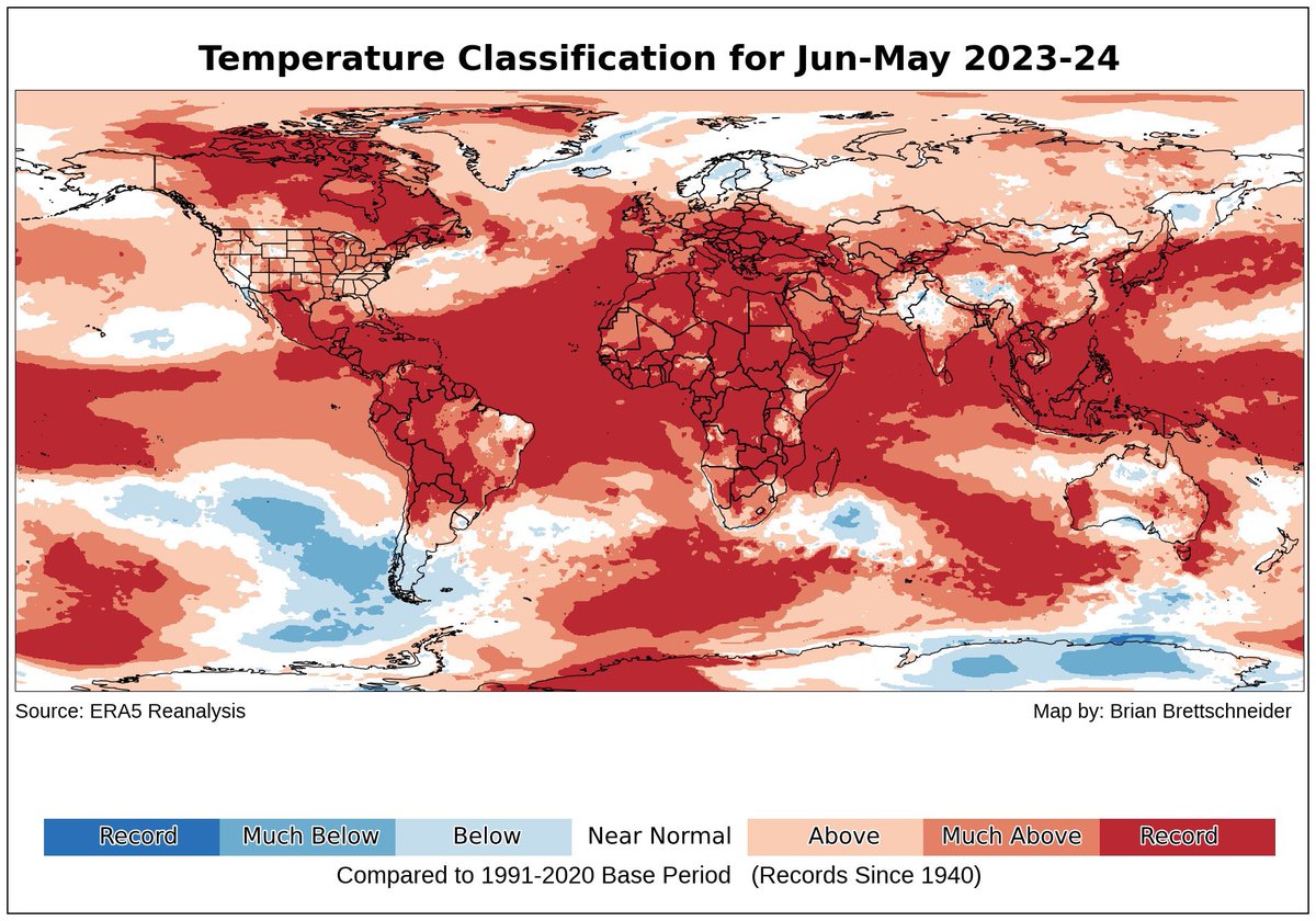 Over the past 12 months 36% of the World - in deep red - has had a record warm average temperature for any 12 month stretch. It’s an astonishing visual from @Climatologist49 conveying just how quickly our climate is changing.