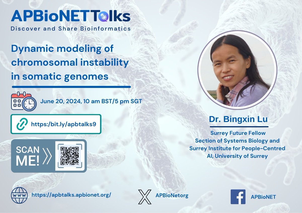 Join Dr. Bingxin as she shares her work on modelling experimental and real data with linking alterations detected from cancer genomics data with stochastic modelling and Bayesian inference to better understand cancer evolution and cancer treatment. 
More: apbtalks.apbionet.org/event/dynamic-…