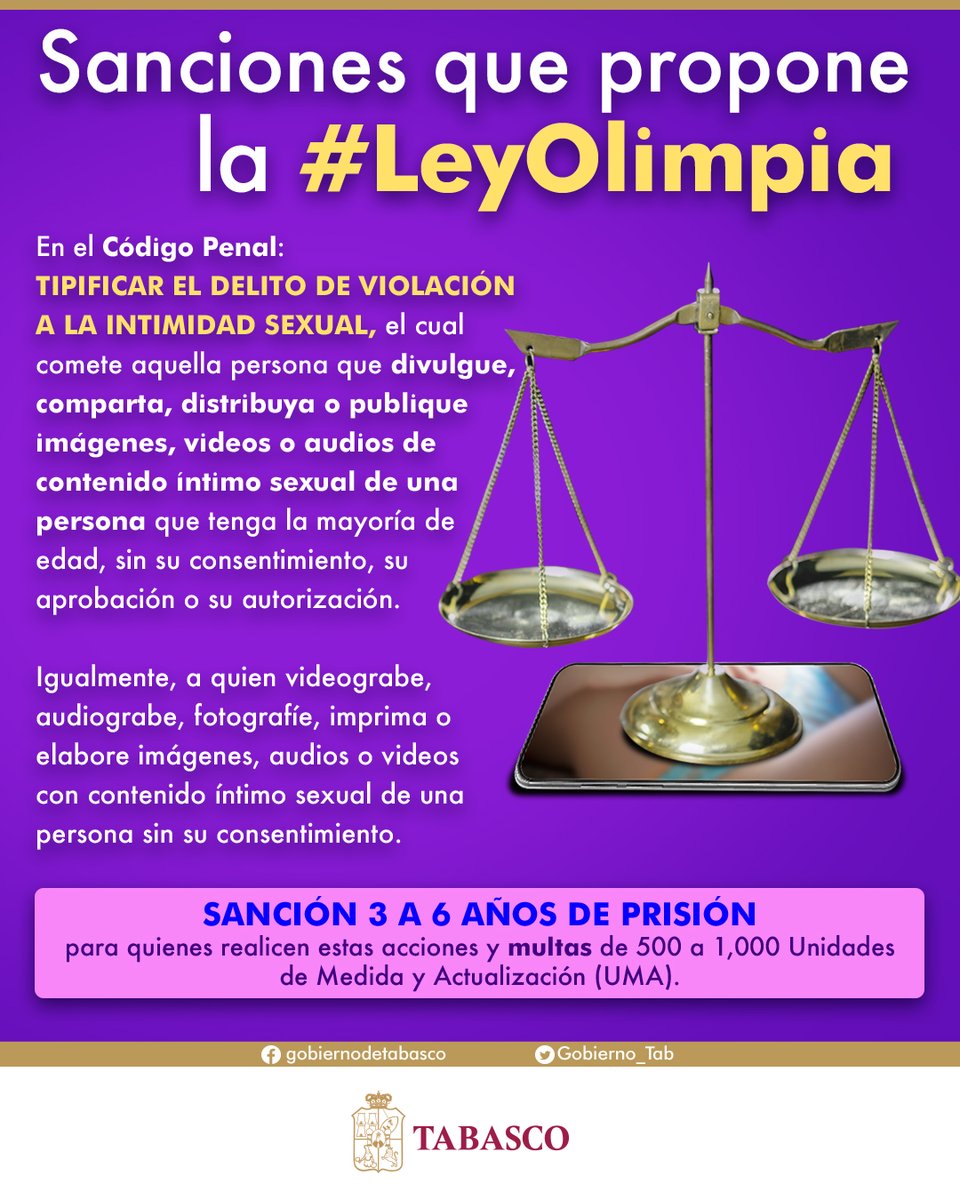 Gobdetabasco's tweet photo. 📚Ahora la ley castiga a quienes comparten contenido íntimo sin tu consentimiento. ¿Quieres saber más? A continuación te compartimos información relevante sobre la Ley Olimpia⬇️ https://t.co/6utObNn5zH