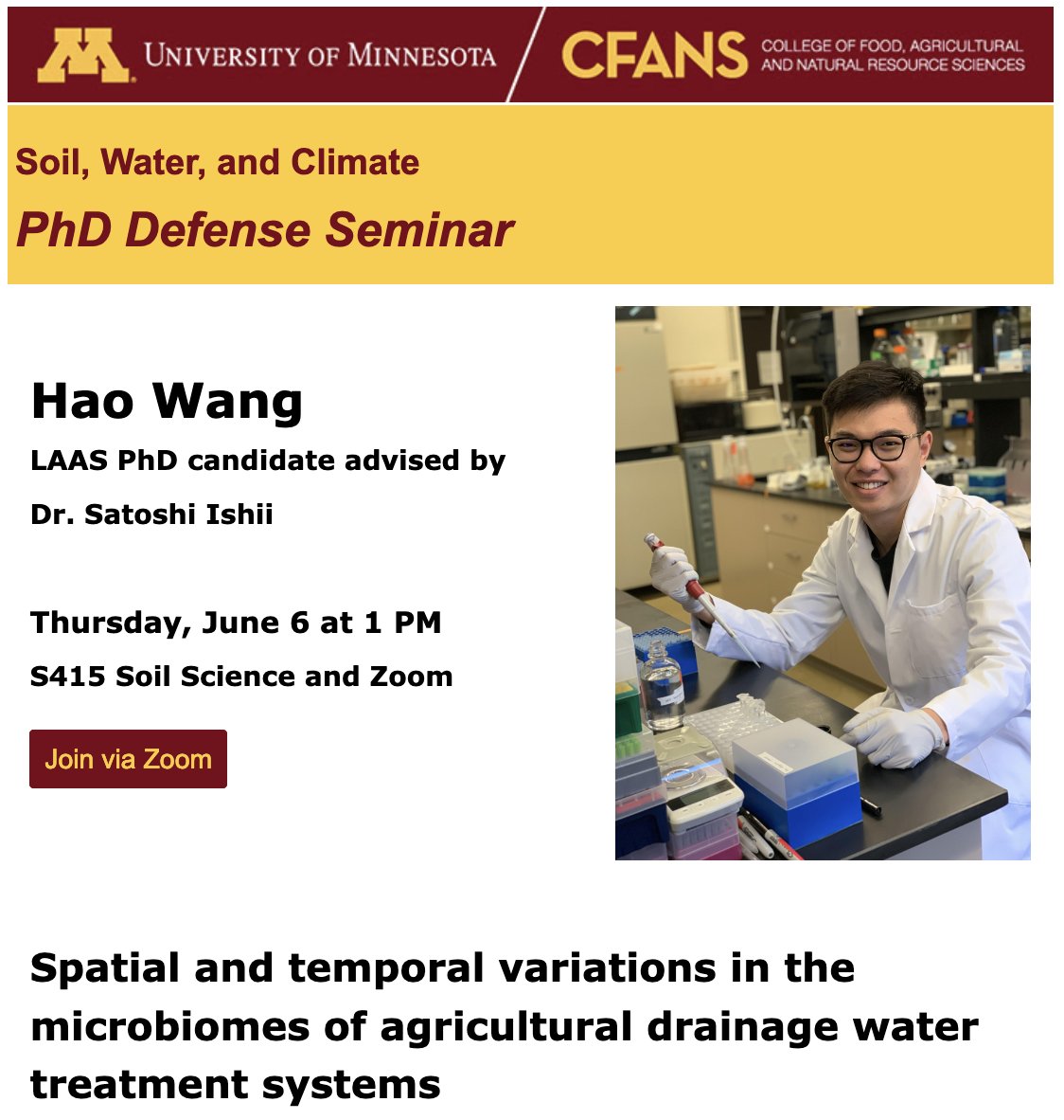 Congratulations Dr. Hao Wang on successfully defending his Ph.D. dissertation today! Thank you all for attending and asking good questions!
<a href="/UMNswac/">Soil, Water, & Climate</a>