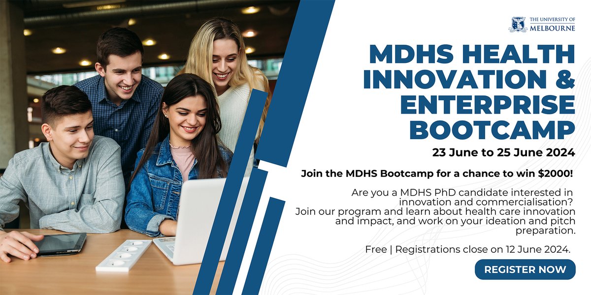 💡 Apply now for the Health Innovation and Enterprise Bootcamp! Open to PhD candidates at MDHS, the program is an immersive introduction to research commercialisation - and includes the opportunity to pitch to an audience! Register 👉 go.unimelb.edu.au/yfu8.