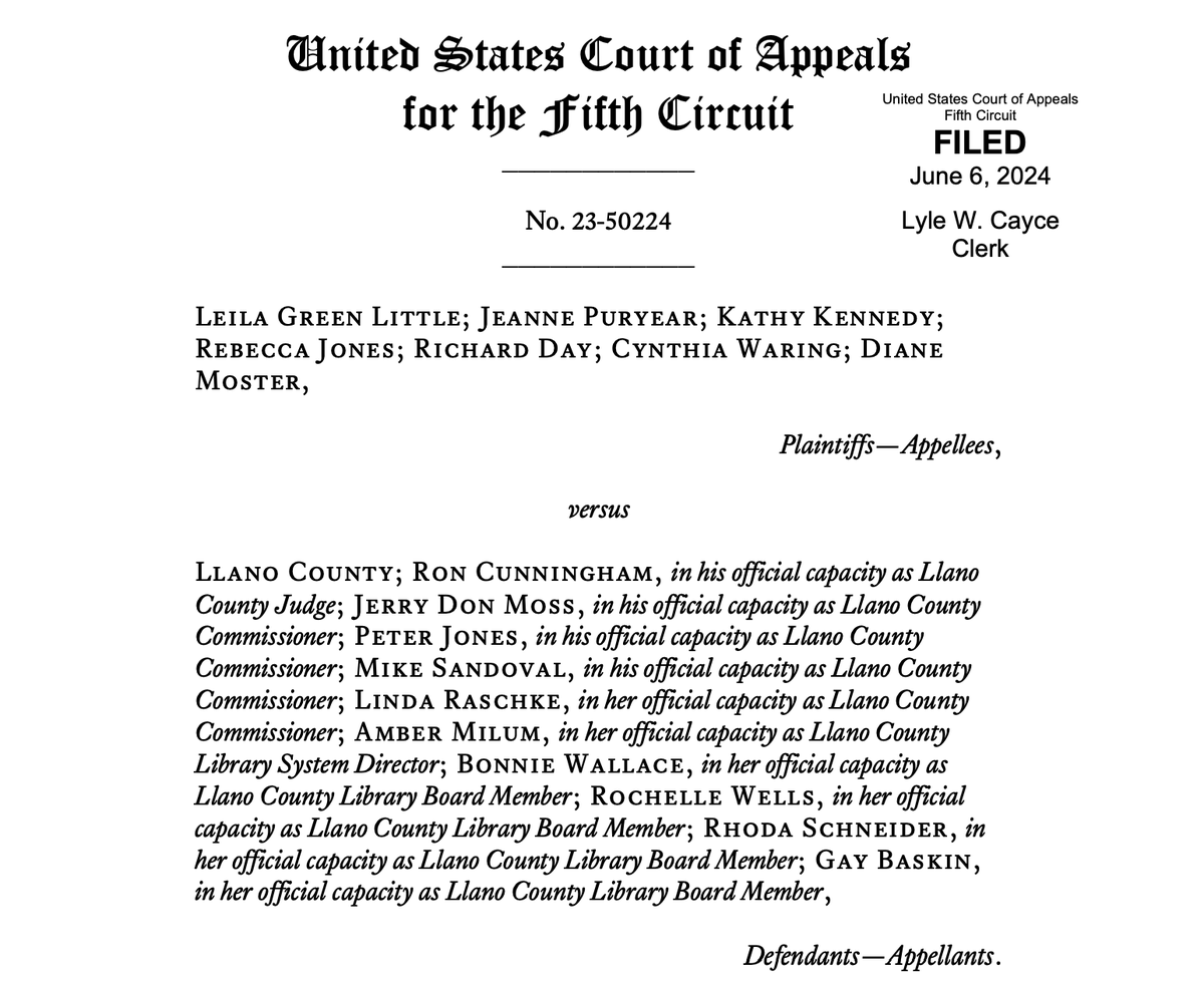 chrisgeidner's tweet photo. NEWS: In a 2-1 decision, the Fifth Circuit orders Llano County to put back several books on their library's shelves that they had removed based on content and viewpoint. 

The panel modifies but affirms the district court's injunction against the county. https://t.co/aj5aJwbWzw https://t.co/ZtDuLUdMos