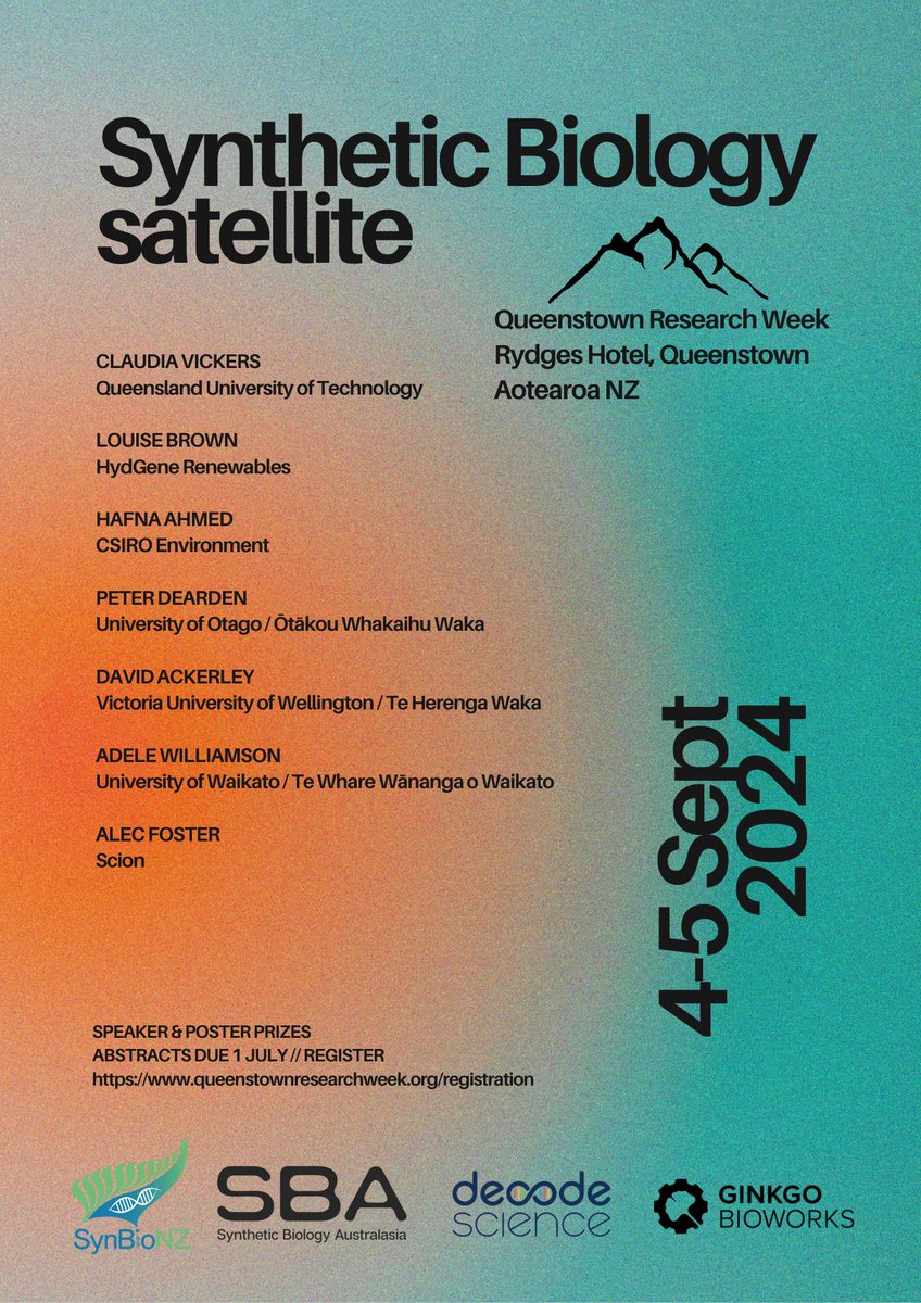 🔈 Don't forget! 
Registrations for the Synthetic Biology satellite meeting (4-5th September 2024, Queenstown Research Week, NZ) are open!
We are very excited to announce here an epic lineup of invited speakers, with more to come! Register here:
queenstownresearchweek.org/synthetic-biol…