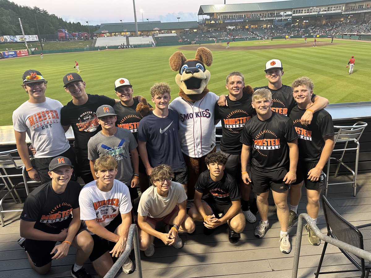 MWsports89's tweet photo. Minster Baseball wins DH in Knoxville, TN.  Thanks to ⁦@KarnsBaseball⁩ for the day.   Evening trip to Smokies game (AA Cubs).   A beautiful evening for players, parents + family.  #TEAM https://t.co/5uEaBU6zl6
