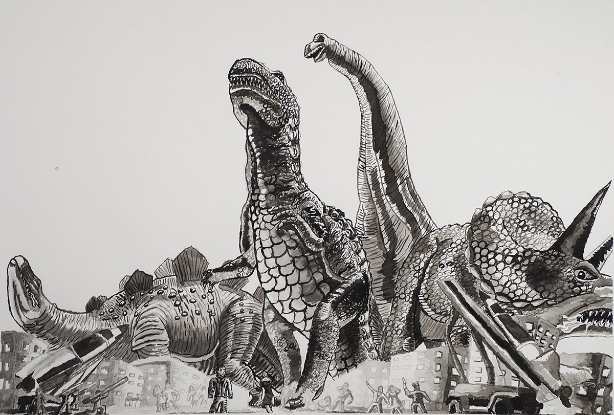 CongerShadow's tweet photo. @JobbytheHong I am big fan. I just got my Bachelor's degree in Fine Arts. I do ink drawings and felted sculptures of dinosaurs and Godzilla. Just wanted to share my artwork with you. If you want to see more follow me on Instagram @ac_artofthecretaceous. https://t.co/jzcNQAQS8R