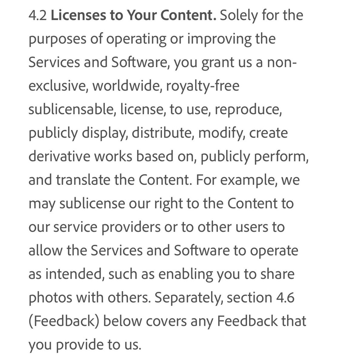 iharc_jordan's tweet photo. @Adobe I’m not lawyer, but it would appear that this gives you the right to sub license content to others via adobe stock. Given that the selling stock content is an an operational function of a service you provide… https://t.co/pvKSlUjURB