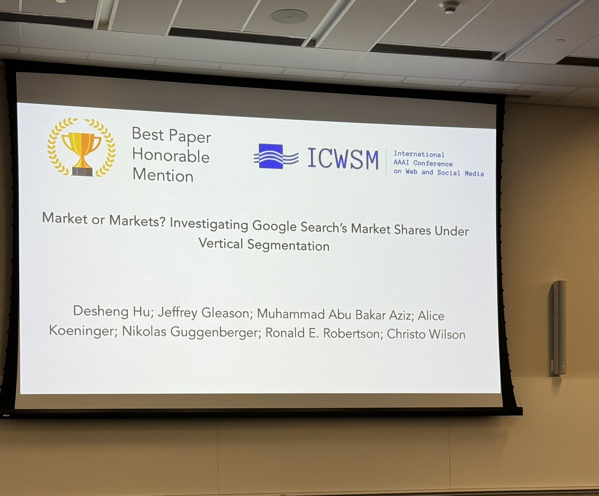 aziz313f's tweet image. I’m happy to announce that our paper, “Market or Markets? Investigating Google Search's Market Shares Under Vertical Segmentation,” won Best Paper Honorable Mention at @icwsm with @jeffreylgleason , @whocheers @bowlinearl , @RERobertson and @nikenberger
ojs.aaai.org/index.php/ICWS…