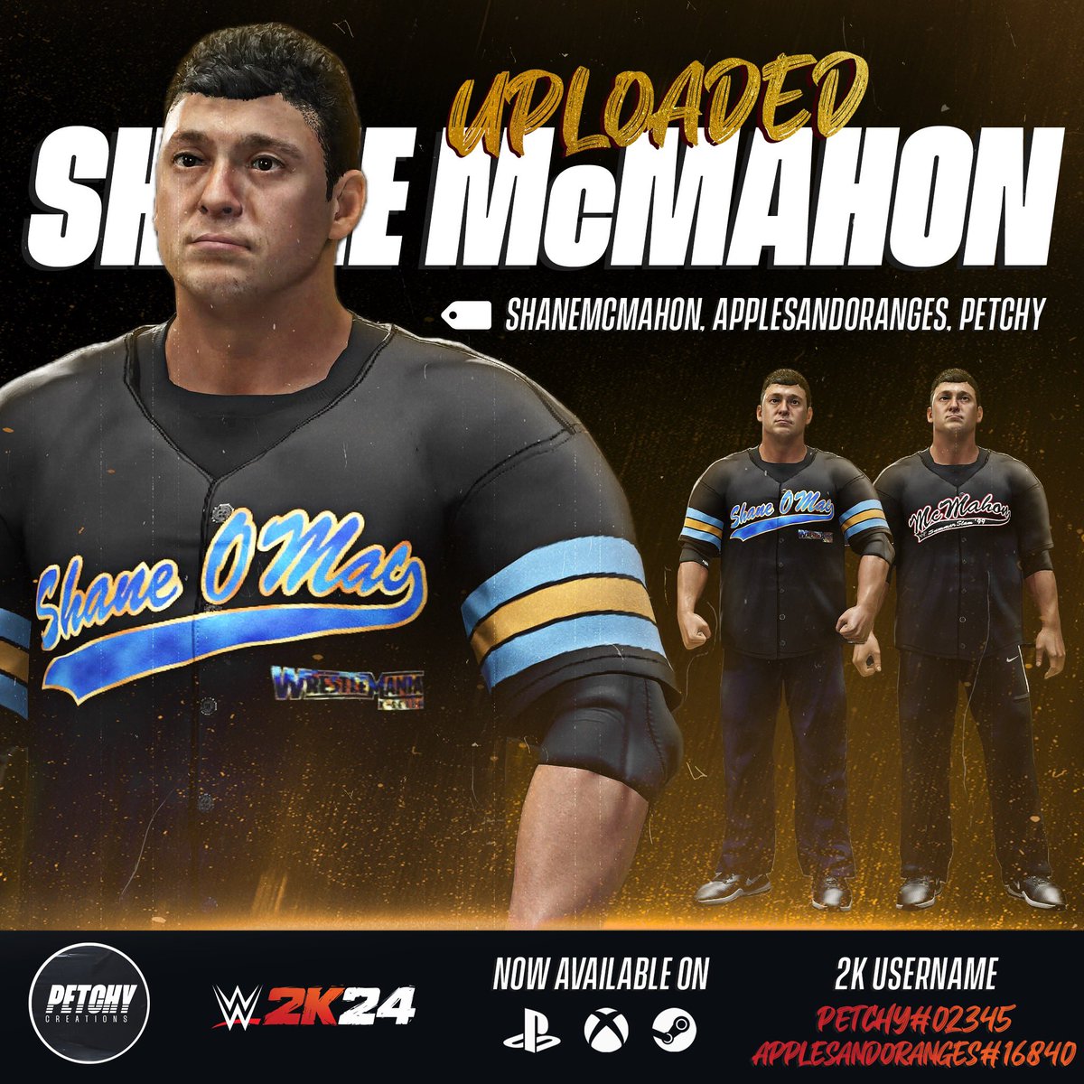 PETCHYcreations's tweet photo. SHANE O’MAC! 🤑

Shane McMahon ‘99-01 (Updated model) is now available to download on #WWE2K24!

Collaboration with @Applesa18888542 🍏🍊
Credit to @GameVolt1 for logos

🏷 ShaneMcMahon, ApplesAndOranges, Petchy

INCLUDES: Younger Face Texture, Hair, Accurate Attires &amp; Call Name https://t.co/YBjQW9OEIF