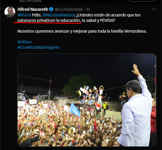 GremioDocente's tweet photo. El cuentico de hoy es privatizar la educación !!!
Como Nico anda por Lara le respondo...
Naguará !!!
La educación la privatizaste tú Nicolás  !!!
ve a cualquier institución y pregunta:
De dónde salen los insumos para mantener limpia la escuela?
De dónde sale la papelería para los documentos que se imprimen?
De dónde salen las Impresoras y la tinta para imprimir?
De dónde sale la plata para pagar el Transporte escolar de las zonas rurales?
De dónde sale la ayuda a los Docentes para que puedan asistir a las escuelas?
De dónde sale los 5$ mensuales que pagan las mayoría de representantes de las instituciones públicas de primaria y bachillerato?
De dónde sale la pintura de las escuelas y liceos?
¿DE QUÉ  GRATUIDAD HABLAS?
HAS VIVIDO EN UNA BURBUJA  
EN UN CASTILLO DE LUJOS Y PLACERES
AHORA VIENES A PEDIR EL VOTO?
DÓNDE ESTÁ LA FIRMA DEL CONTRATO COLECTIVO?
VAN 6 AÑOS NICOLÁS 6 AÑOS SIN DISCUTIRLO.
NO TIENES MORAL....LOS MAESTROS SI LA TENEMOS !!! Y MUY ALTA !!!
SABES QUE NICOLÁS,  LA GENTE PREGUNTA SI MAÑANA DEPOSITAN LOS 8$ DE LA QUINCENA !!! ESA ES LA EDUCACIÓN QUE TU DEFIENDES?
ERES UN GROSERO, ERES UN HIPÓCRITA !!!