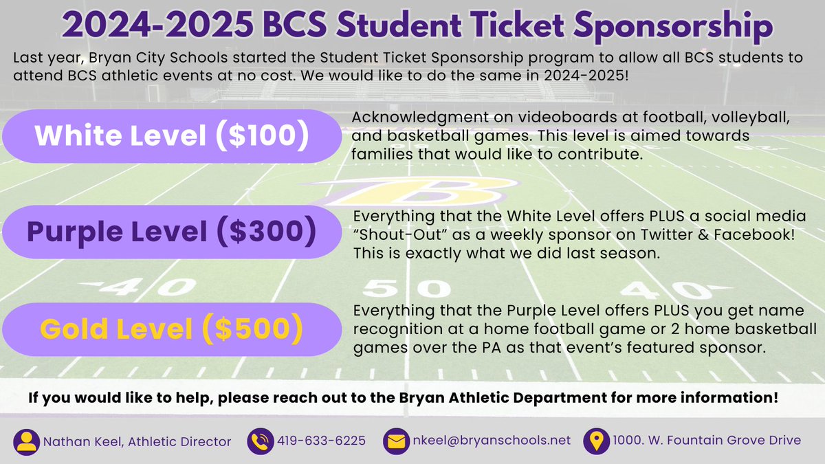 The BCS athletic department is seeking sponsors for our free student ticket program again this year! It was a huge success last year for kids across the district, so we would like to do it again! If interested, please reach out! #BryanBuilt