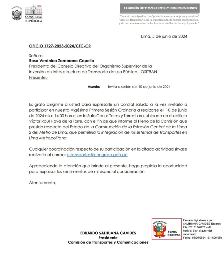 Comisión de Transportes del Congreso convocó a sesión de trabajo, para el lunes 10 de junio a las 14:00 horas al Alcalde de Lima, a Presidenta de OSITRAN, Ministro de Transportes y Comunicaciones y a la empresa Concesionaria Metro de Lima, línea 2.

Agenda : CONSTRUCCIÓN DE