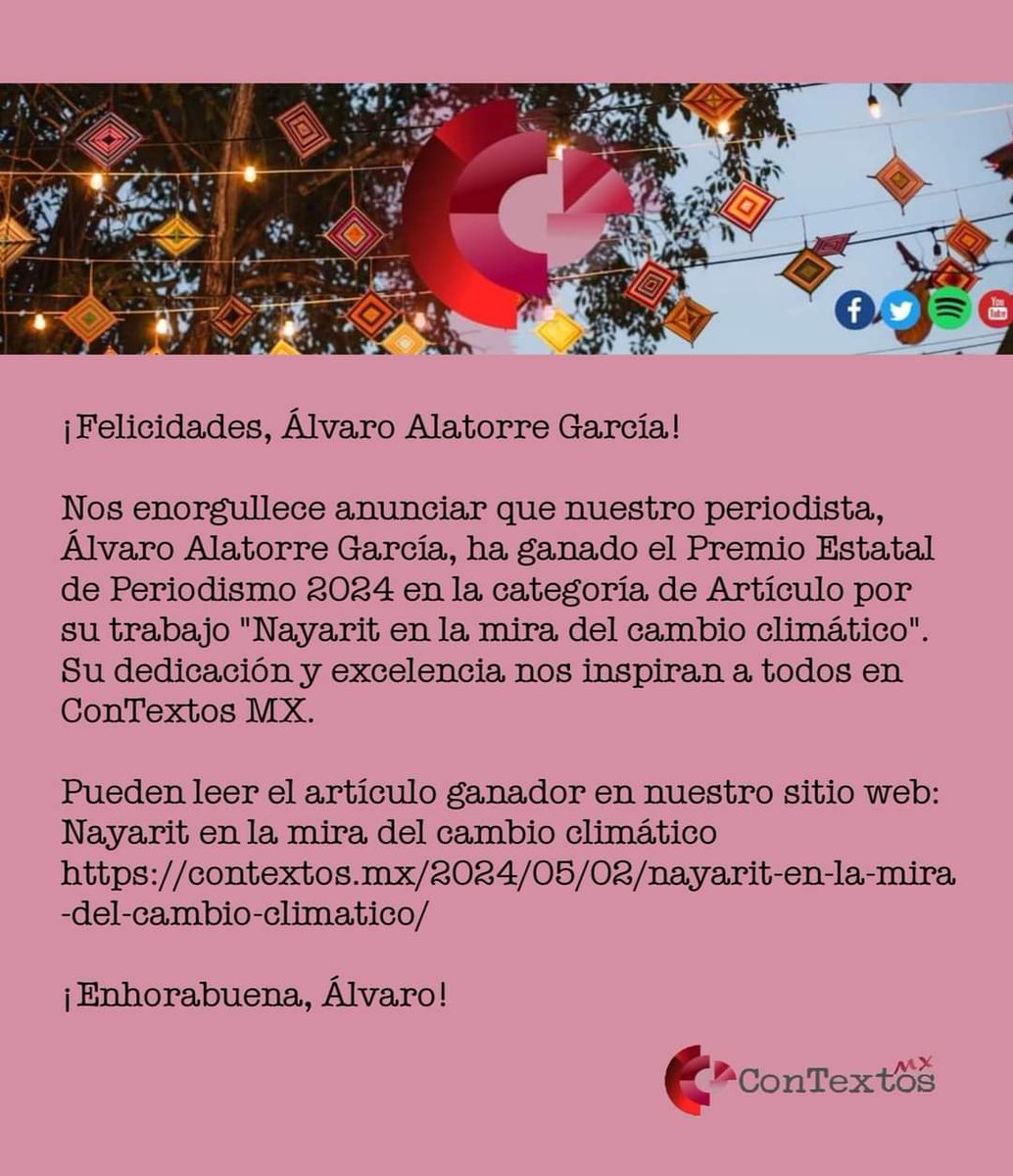 ContextosMx_'s tweet photo. Queremos compartir con ustedes el orgullo que nos trae nuestro colega periodista, Álvaro Alatorre García, por resultar reconocido con Premio Estatal de Periodismo Nayarit 2024. ¡Felicidades! Conoce su texto:
 https://t.co/fwQ3uL5v4n https://t.co/lsqgocehaz