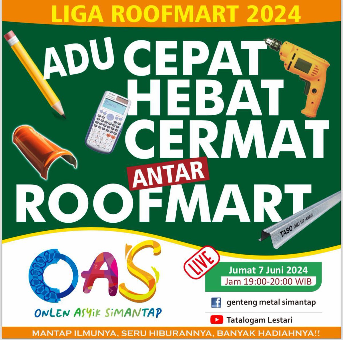 tatalogam's tweet photo. saksikan besok LIVE OAS “Online Asyik Simantap”. Dengan tema “Adu Cepat Hebat Cermat antar Roofmart”. Penasaran ngga sih sama pembahasan live besok📷

Nah mending nonton livenya di Facebook dan Youtube jam 19.00 WIB. Sampai ketemu sobat📷 https://t.co/TNms50OHQY
