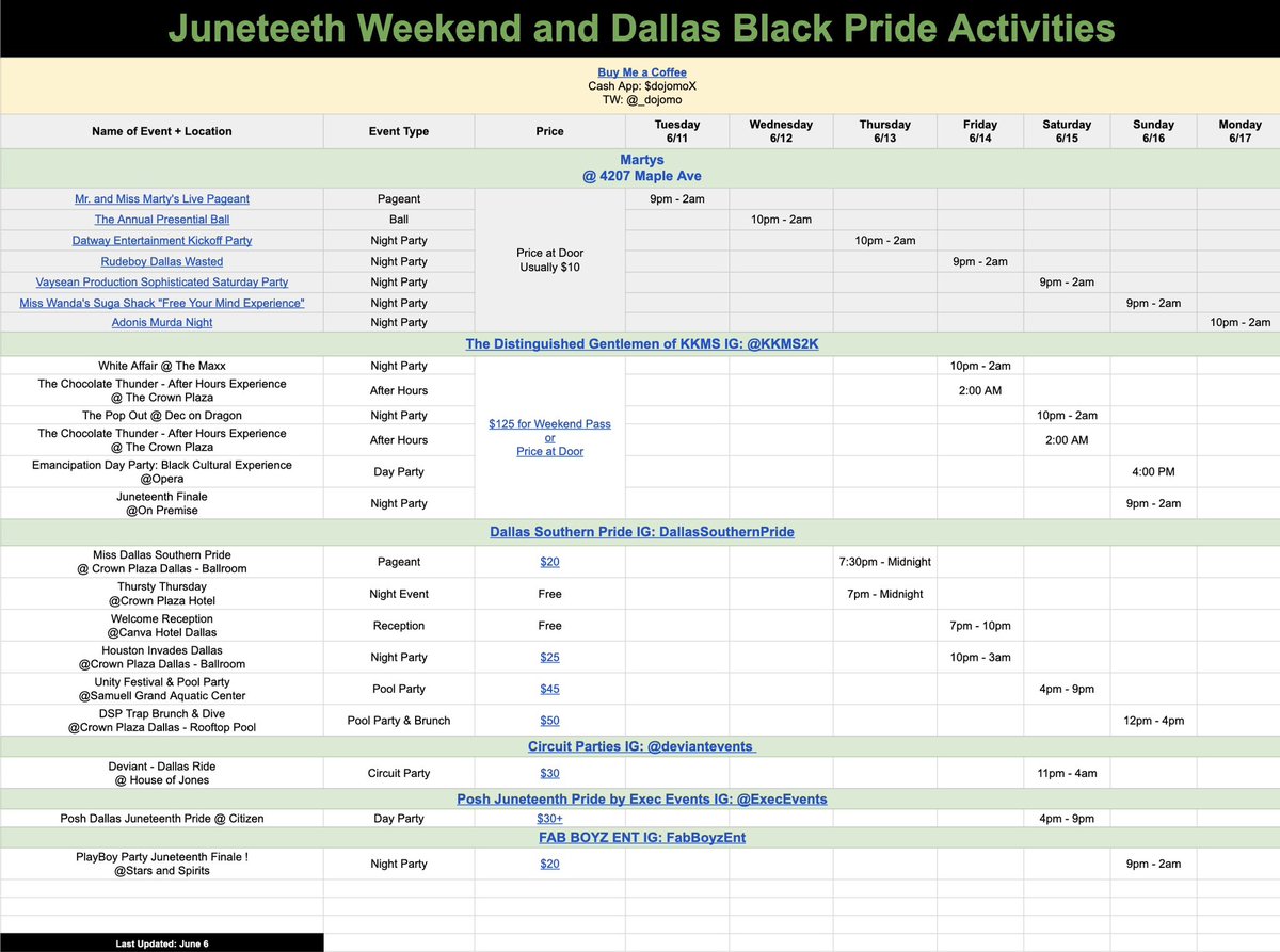 _dojomo's tweet photo. Created a spreadsheet of events for Dallas Black Pride, Juneteenth Weekend. If I missed anything comment with the details below. #DallasBlackPride #DallasJuneteenth 

Want to support? Buy me a coffee ☕️: https://t.co/jqKadCh749

Link to sheets: https://t.co/YIv9V5UbJV https://t.co/dbOyzMhQZw