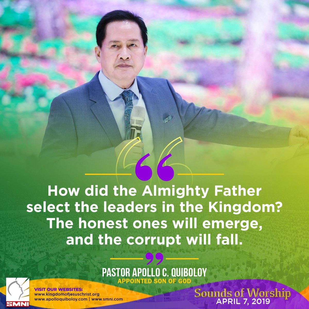 PastorACQ's tweet photo. How did the Almighty Father select the leaders in the Kingdom? The honest ones will emerge, and the corrupt will fall.

#ApolloQuiboloy #KingdomofJesusChrist #Powerline #ACQClassics #GiveUsThisDay #SoundsofWorship #Spotlight #SMNI #SonofGod #SonofMan #AppointedSonofGod https://t.co/7LyNi5hM0B