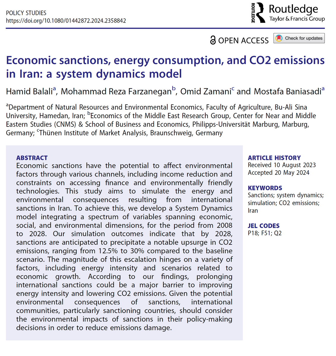 MR_Farzanegan's tweet image. 1. Sanctions contribute to a significant increase in CO2 emissions in Iran.
In an #open_access study (doi.org/10.1080/014428…) in @PolicyStudiesTF, we use #system_dynamic modelling &amp;amp; simulate different responses of #CO2 #emissionsto #sanctions scenarios in #Iran. (1/2)👇