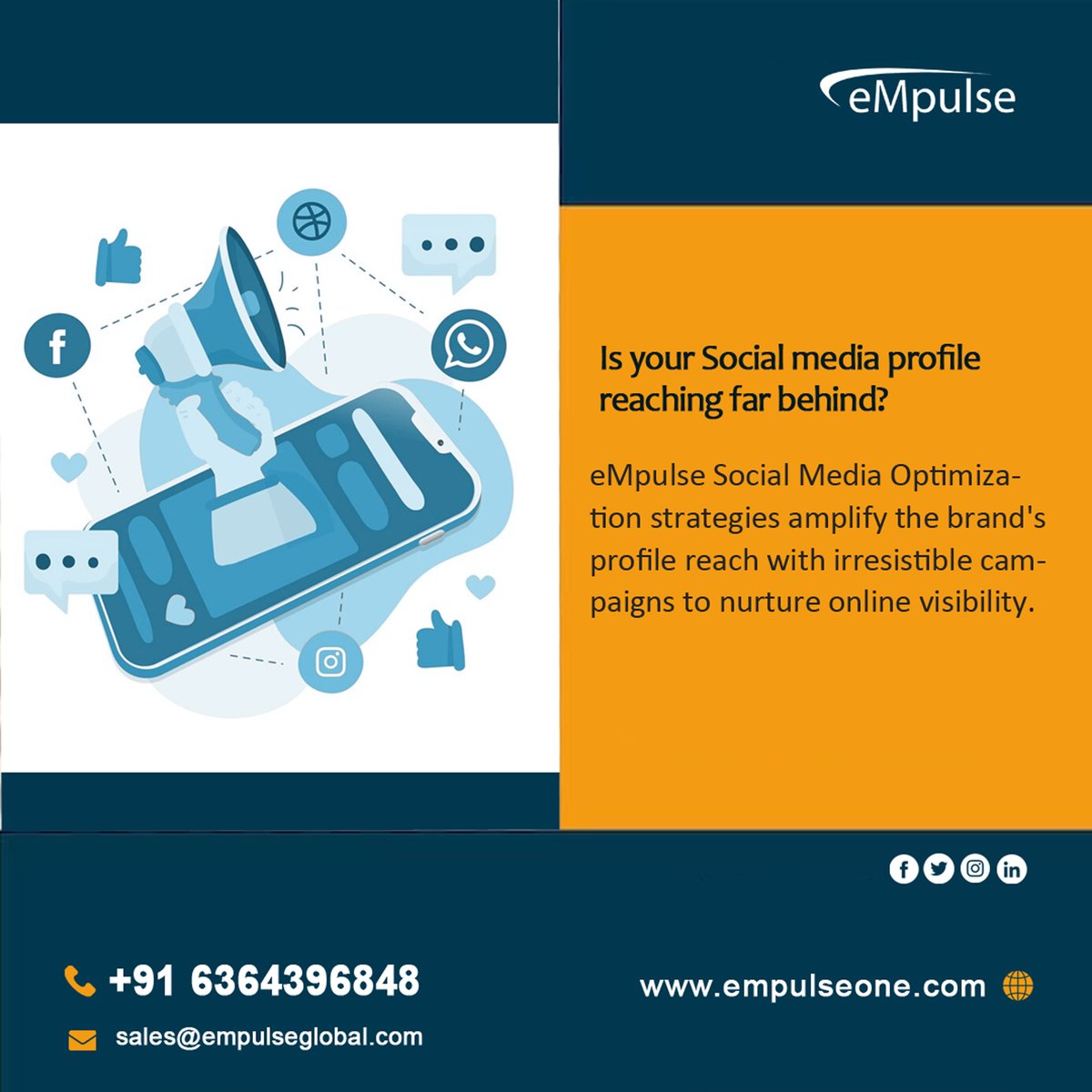 EmpulseM's tweet photo. Is your Social media profile reaching far behind?
eMpulse Social Media Optimization strategies amplify the brand's profile reach with irresistible campaigns to nurture online visibility.

Site: https://t.co/2AvB56TDZi

#empulseglobal #socialmediaoptimization  #profileoptimization https://t.co/3tNZQnsA3R