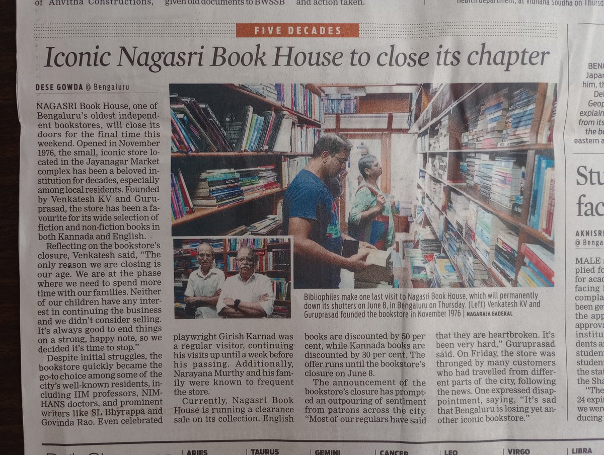 bookworm_Kris's tweet photo. A sad day for independent bookstores and a great loss for book lovers. We thank Shri Venkatesh &amp; Shri Guruprasad for their immense contributions to Bengaluru's reading culture and wish them the very best for the future. Kindly visit Nagasri to help with clearing the books. https://t.co/i28ZExwcqV
