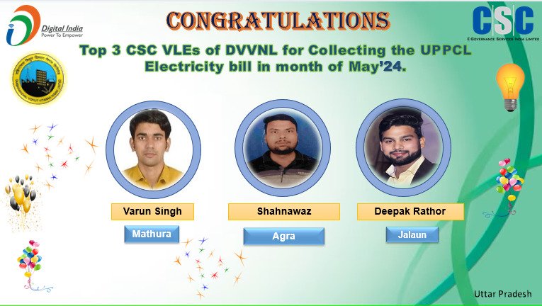 Congratulations💐to the top 3 CSC_VLEs of DVVNL DISCOM for the highest transaction of electricity bill collections in the month of May'2024. <a href="/CSCegov_/">CSCeGov</a> <a href="/sanjaykrakesh/">Sanjay K Rakesh</a> <a href="/CSCUttarPradesh/">CSC Uttar Pradesh</a> <a href="/aksharmaBharat/">A K Sharma</a> <a href="/isomendratomar/">Dr. Somendra Tomar</a> <a href="/UppclChairman/">CMD UPPCL</a> <a href="/mduppcl/">MDUPPCL</a> <a href="/MVVNLmd/">MVVNL</a> <a href="/rkmishra011/">Rajesh Mishra</a> <a href="/dvvnlhq/">Dakshinanchal Vidyut Vitran Nigam Limited</a>