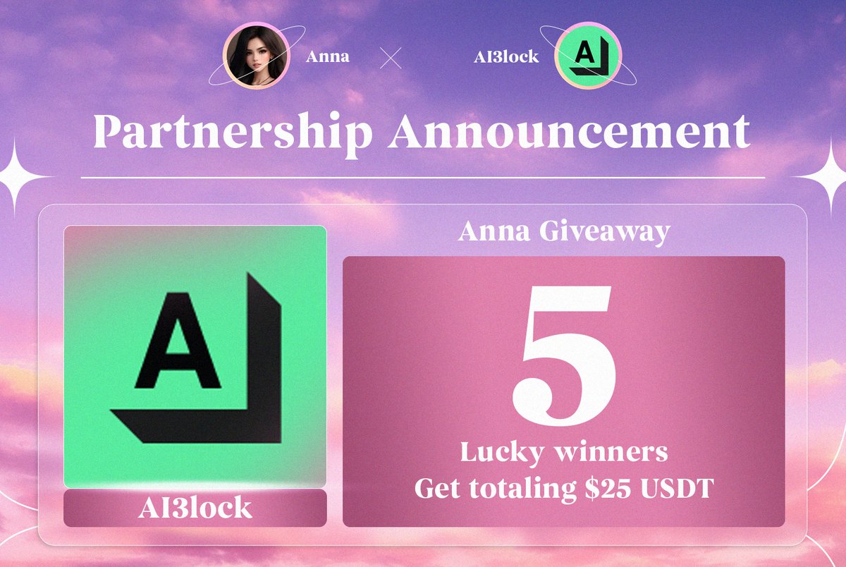 🎏 𝐀𝐧𝐧𝐚 𝐏𝐚𝐫𝐭𝐧𝐞𝐫𝐬𝐡𝐢𝐩 𝐆𝐢𝐯𝐞𝐚𝐰𝐚𝐲

🎁 5 lucky winners get totaling $25 USDT
➖ Join Discord to Claim 

𝑯𝒐𝒘 𝒅𝒐 𝑰 𝒕𝒂𝒌𝒆 𝒑𝒂𝒓𝒕❓ 
1⃣ Follow <a href="/Anna_promoter/">Anna 🍑</a> &amp; @AI3lock
2⃣ ❤️&amp; Retweet, tag 2 friends

📆Duration: 07 - 09 June

🅻🆄🅲🅺