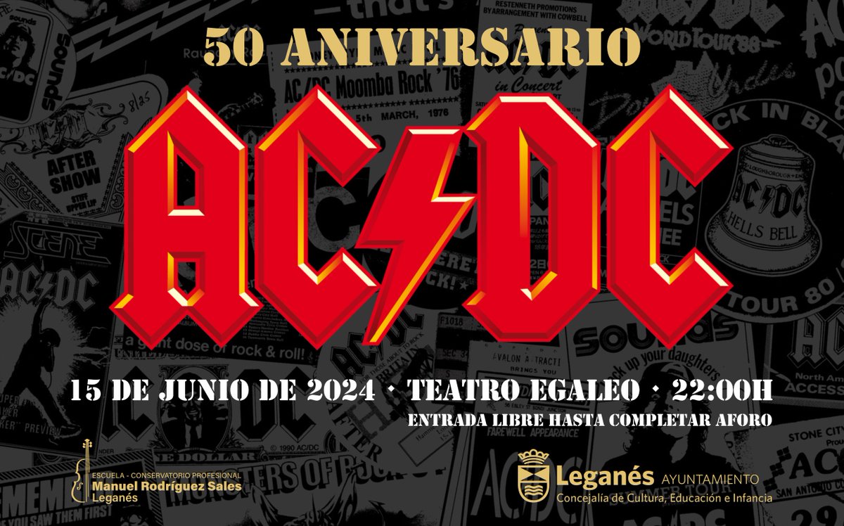 culturaleganes's tweet photo. 🎼🎸La banda sinfónica de la Escuela-Conservatorio Manuel Rodríguez Sales presenta en colaboración con Sony Music España un concierto de versiones únicas del  grupo AC/DC como homenaje a su 50 aniversario
📍Teatro Egaleo 15 de junio 22:00h
🎟️Entrada libre hasta completar el aforo https://t.co/Nd3O4VgSzp