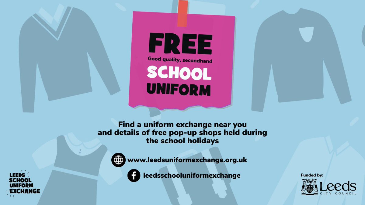 schoolwellbeing's tweet photo. Excited to share with you our local FREE uniform exchange offer for Leeds. Visit Leeds School Uniform Exchange - Leeds School Uniform Exchange (https://t.co/rrTr3cLcty) to find out more @Child_Leeds #schooluniform #uniformexchange https://t.co/Sqknei7KGZ