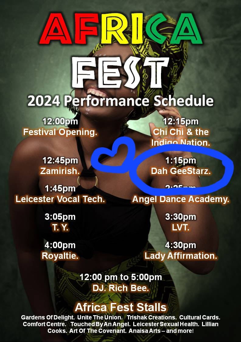 LeicsCares's tweet image. Are you going to #AfricaFest this Saturday? It will be great and we are so happy and proud to see a young person we have supported , Dah GeeStarz performing at 1315 #TogetherWeCan #LiveMusic @visit_leicester @BIDLeicester @coolasleicester @BBCLeicester