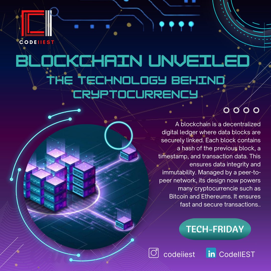 CodeIIEST's tweet image. A blockchain is a decentralized ledger where blocks of data are securely linked via cryptographic hashes. Each block includes a hash of the previous block, a timestamp, and transaction data, forming an irreversible chain. Created by Satoshi Nakamoto in 2008 for Bitcoin.