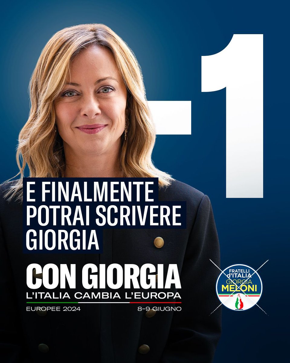 FratellidItalia's tweet photo. 🔵 Ci siamo quasi.

#ScriviGiorgia #VotaFDI https://t.co/7OhQEKwvOu