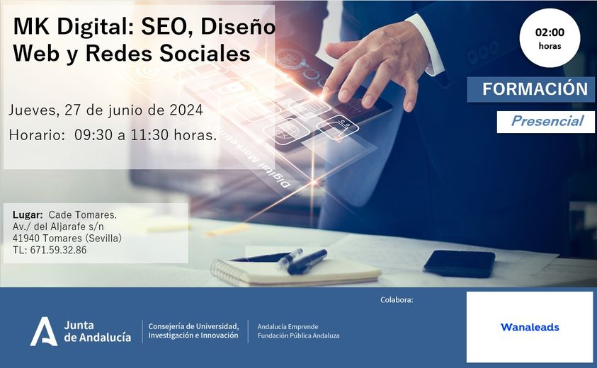 👩‍💻CURSO #GRATUITO 𝐌𝐊 𝐃𝐢𝐠𝐢𝐭𝐚𝐥: 𝐒𝐄𝐎, 𝐃𝐢𝐬𝐞𝐧̃𝐨 𝐖𝐞𝐛 𝐲 𝐑𝐞𝐝𝐞𝐬 𝐒𝐨𝐜𝐢𝐚𝐥𝐞𝐬
CADE #Tomares

📅 27/06/2024 ⏰ 9:30 h.

¡Apúntate! Plazas limitadas.
➕ℹ👉información e inscripción:
📧jfernandez@andaluciaemprende.es
☎️671593286
✍️bit.ly/45fTZWn