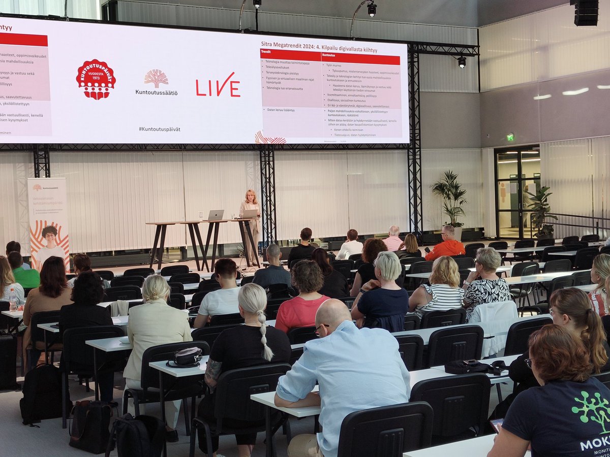 #Kuntoutuspäivät toinen päivä alkaa kuntoutuksen trendien tarkastelulla. #Teknologia'n kehitys, #tekoäly ja #dataperusteisuus tuovat uusia mahdollisuuksia ennakoivaan, yksilöllistettyyn ja vaikuttavaan kuntoutukseen. #megatrendit #vaikuttavuus #kuntoutus