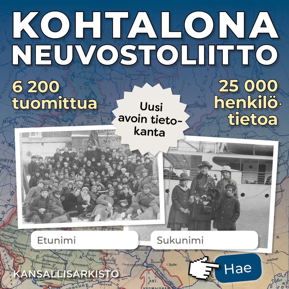 Tänään julkaistiin uusi interaktiivinen verkkotietokanta Kohtalona Neuvostoliitto. Tästä julkisesta tietokannasta voi nimihaun avulla etsiä tietoja yksittäisistä suomalaiskohtaloista suuren terrorin ajan Neuvostoliitosta.

Kokeile tietokantaa täällä:…onaneuvostoliitto.kansallisarkisto.fi