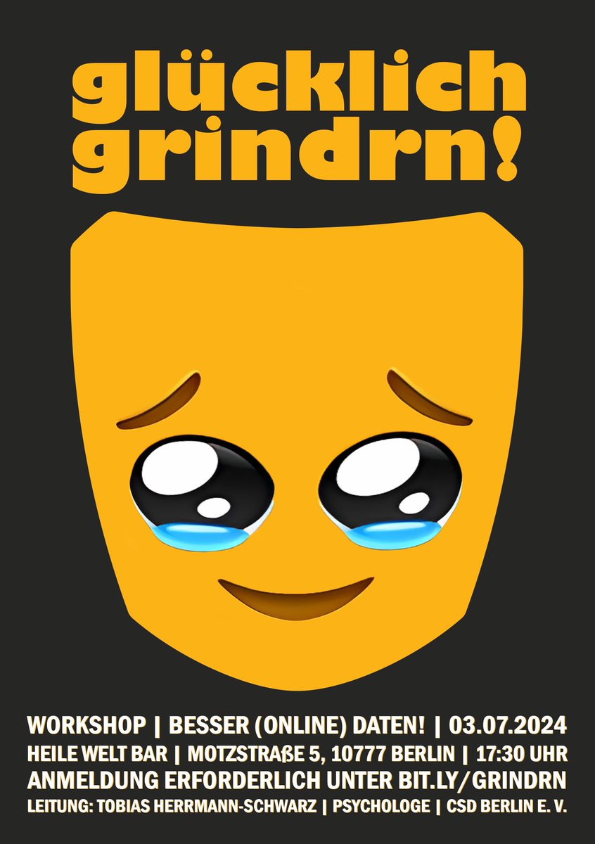 Du strugglest mit Online-Dating?
Ich gebe einen kostenfreien Workshop am 3.7. in Berlin zum Thema besser daten. Wir sprechen über Ghosting, Ablehnung und Bedürfnisse. Anmeldung unter bit.ly/grindrn. Plätze sind begrenzt.